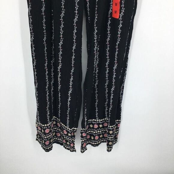 Three Dots Wide Leg Pants Womens Medium Black Floral Border Smocked Waist #M - Picture 4 of 14